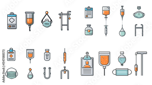 Flat vector icon set of IV infusion equipment, drip bags, syringes, stethoscopes, and medical tools in healthcare theme, perfect for hospital, clinic, or medical use.