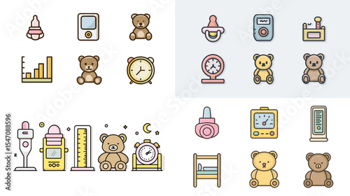 Cute flat vector icon set featuring baby care essentials and nursery elements like teddy bears, pacifiers, thermometers, and growth charts in soft pastel tones.