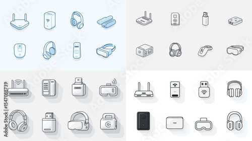 Vector icon set of modern tech gadgets including headphones, routers, VR headsets, USB drives, chargers, and smart devices in clean minimalist line art style.