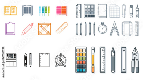 Vector illustration set of stationery and drawing tools including rulers, pens, sketchpads, color palettes, and compasses. Perfect for art, school, or design projects.