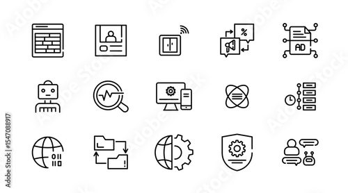 Automation linear icon set. Artificial Intelligence, information technology, computing, IT manager, network, internet, big data, cloud, analytics, business vector icon set. UI thin line icon pack.