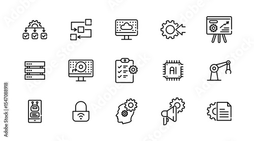 Automation linear icon set. Artificial Intelligence, information technology, computing, IT manager, network, internet, big data, cloud, analytics, business vector icon set. UI thin line icon pack.