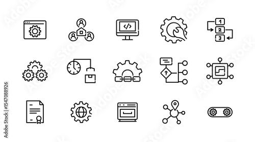 Automation linear icon set. Artificial Intelligence, information technology, computing, IT manager, network, internet, big data, cloud, analytics, business vector icon set. UI thin line icon pack.