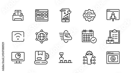 Automation linear icon set. Artificial Intelligence, information technology, computing, IT manager, network, internet, big data, cloud, analytics, business vector icon set. UI thin line icon pack.