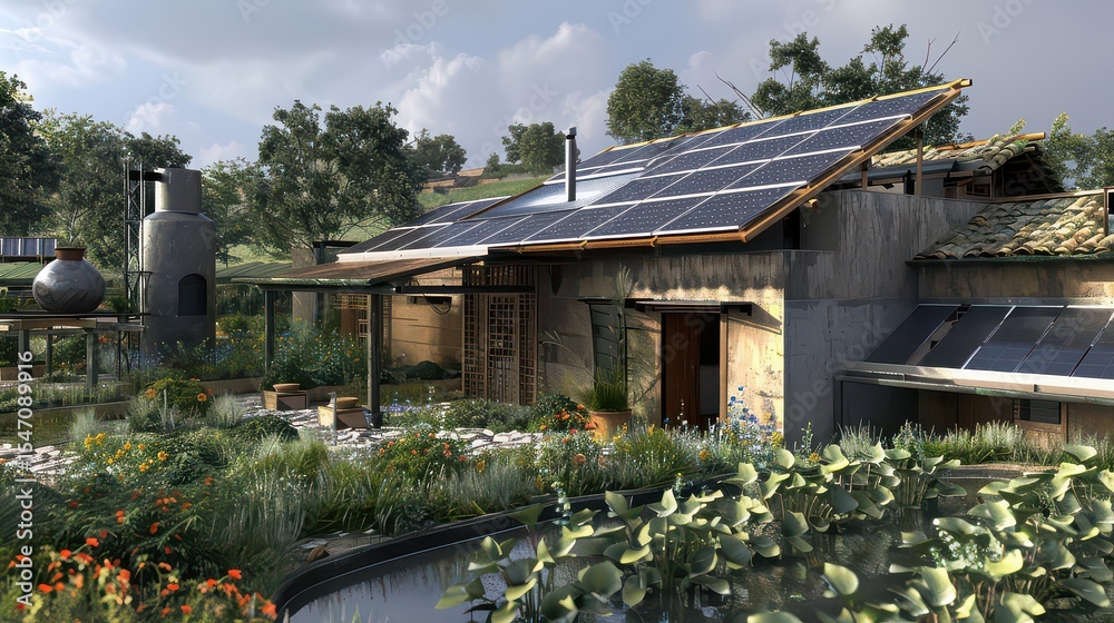 Fototapeta premium Solar panels on the roof of a sustainable home with a rainwater collection system.