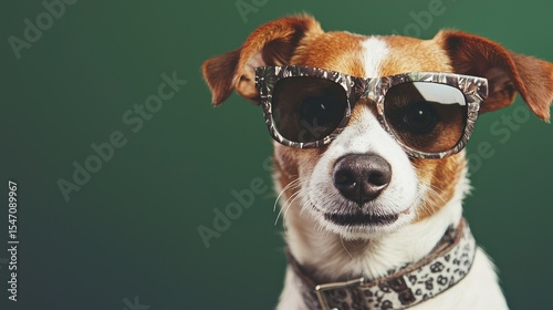 A dog wearing sunglasses with a green background.