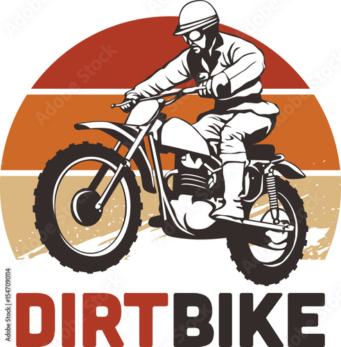 Illustration of a man riding a classic dirt motorbike.