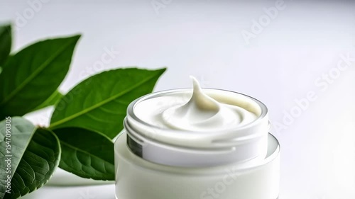 White cream in a glass jar with silver lid, next to green leaves on white background, beauty and skincare concept.