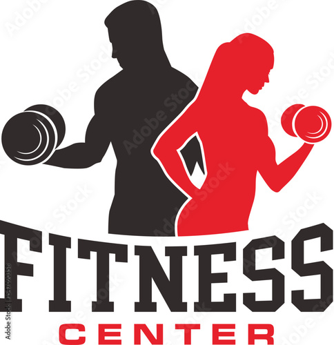 Fitness center , gym logo, man and woman with dumble.