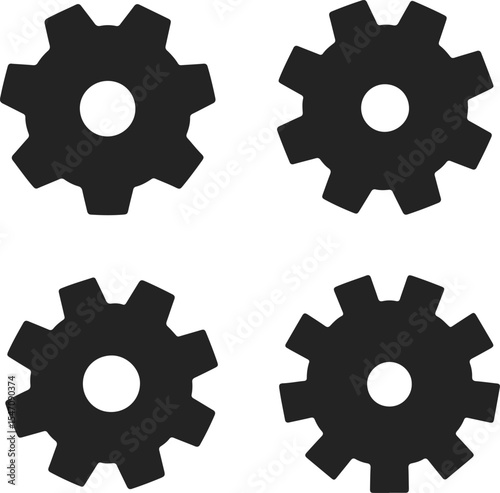 Four simple black gear icons on white background
