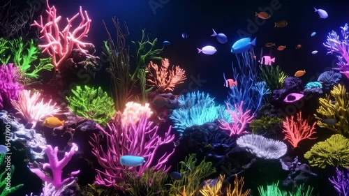 Vibrant colorful coral reef formation with various fish swimming, illuminated by neon lights, underwater ocean ecosystem.