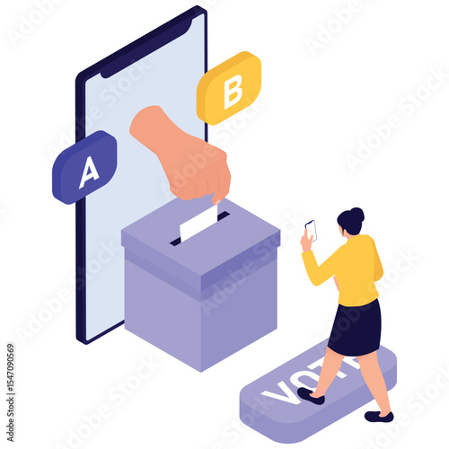 Election And Voting Illustration. Vector illustration of A digital ballot allows a woman to choose between two options using a mobile phone. Isolated on background