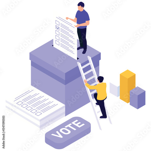 Election And Voting Illustration. Vector illustration of Voters are shown submitting their paper ballots into a large ballot box via ladder. Isolated on background