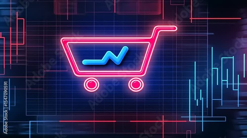 Neon shopping cart icon with upward trend graph on a digital background representing e-commerce growth