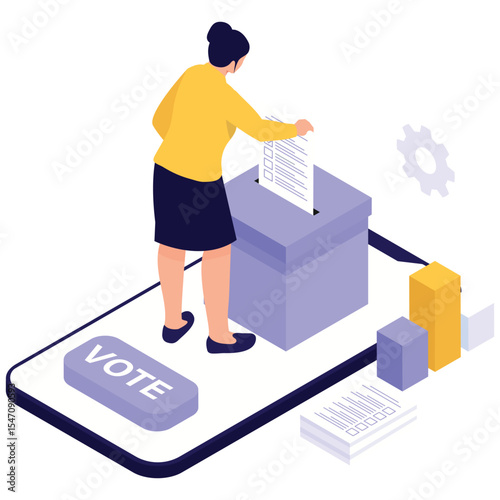 Election And Voting Illustration. Vector illustration of Woman casting a vote using a ballot box through a mobile voting platform with charts and options. Isolated on background