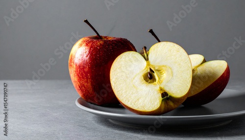Juicy ripe apples lie on a plate on a gray background