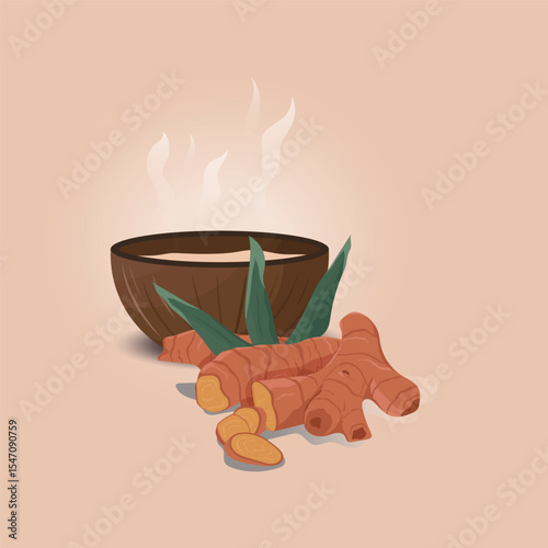 Coconut shell with warm ginger water illustration