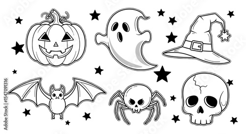 Vector outlined halloween elements including a pumpkin, ghost, bat, spider, skull, and witch hat icon set