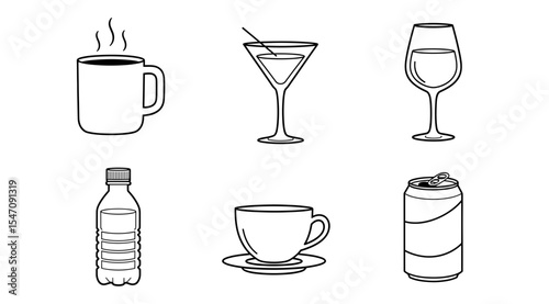 Vector line drawing of various drink containers including mugs glasses bottle and a can arranged neatly together