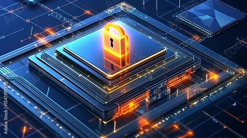 Digital security concept with a glowing padlock on a circuit board surrounded by data streams