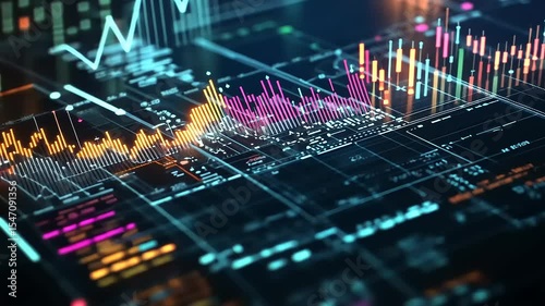 Abstract financial data visualization with colorful charts and graphs on a digital interface