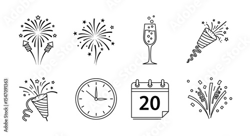 Vector festive new year elements including fireworks, champagne, clock, calendar, and party poppers icons