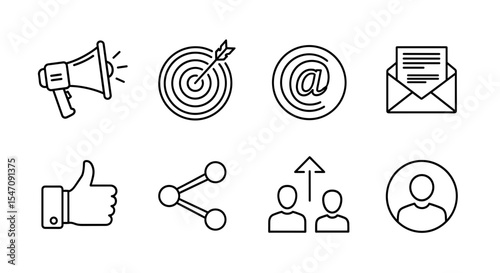 Vector outline social media and marketing icons including megaphone target email and share for business use cases