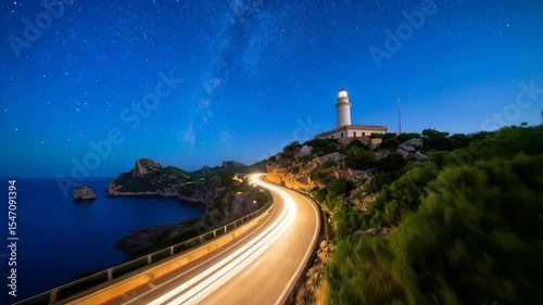 Coastal lighthouse under a starry night sky illuminated by car light trails on a winding road with cliffs and lush vegetation.