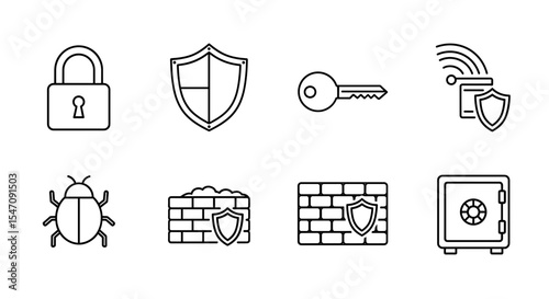 Vector outline icons representing security measures including padlock shield key and safe deposit box designs shown here