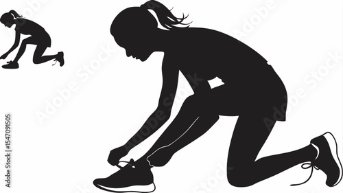 High contrast black silhouettes of a female runner tying her shoelaces with transparent or isolated white backgrounds

