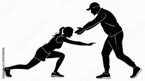 High contrast black silhouettes of a fitness trainer coaching a client with transparent or isolated white backgrounds

