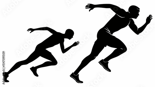 High contrast black silhouettes of two athletes in a competitive race with transparent or isolated white backgrounds

