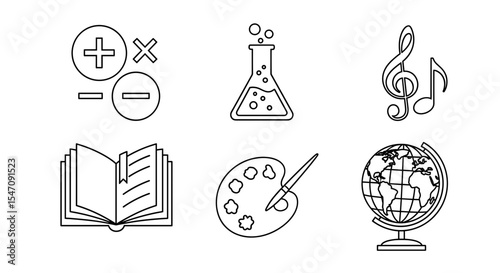 Vector line art illustration featuring math symbols, beaker, music notes, book, palette and globe icons