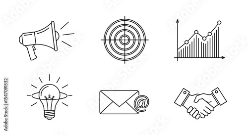 Vector line art icons depicting business concepts such as marketing, target, graph, idea, email, and handshake