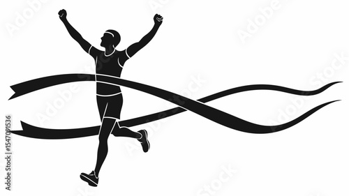High contrast black silhouettes of a marathon runner crossing the finish line with transparent or isolated white backgrounds

