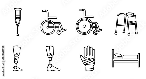 Vector line art illustration showcasing various medical aids and equipment for healthcare needs and recovery