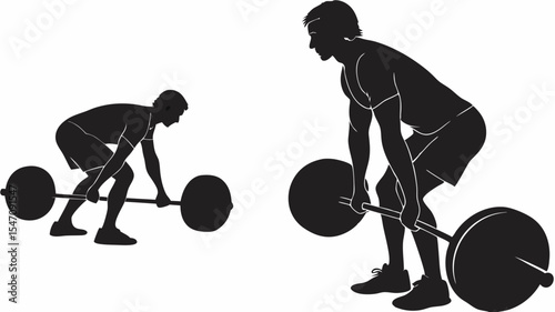 High contrast black silhouettes of a man performing deadlifts with transparent or isolated white backgrounds

