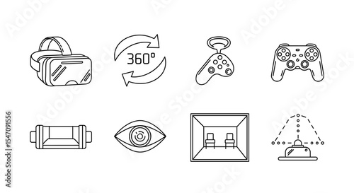 Vector line art illustration showcasing virtual reality headset and gaming related icons in a row formation design
