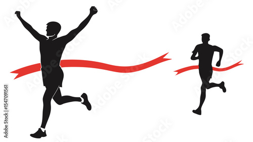 High contrast black silhouettes of a marathon runner crossing the finish line with transparent or isolated white backgrounds


