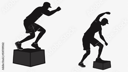 High contrast black silhouettes of an athlete performing box jumps with transparent or isolated white backgrounds

