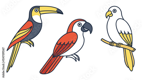 Adorable vector illustrations depicting three colorful tropical birds: toucan, parrot, and white parrot.