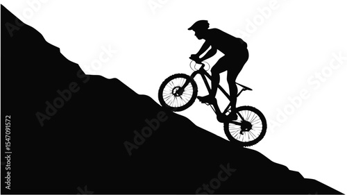 High contrast black silhouettes of a mountain biker riding uphill with transparent or isolated white backgrounds

