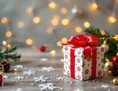 a christmas gift box with red bow on the right, surrounded by lightwave style, clear copy space on the left for photos.