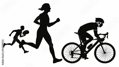 High contrast black silhouettes of a triathlon athlete transitioning between events with transparent or isolated white backgrounds

