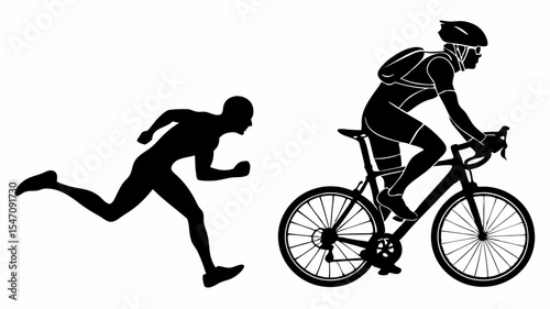 High contrast black silhouettes of a triathlon athlete transitioning between events with transparent or isolated white backgrounds

