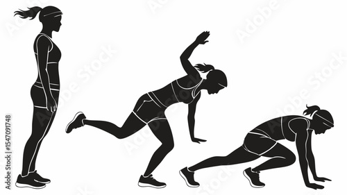 High contrast black silhouettes of a male sprinter mid-stride with transparent or isolated white backgrounds

