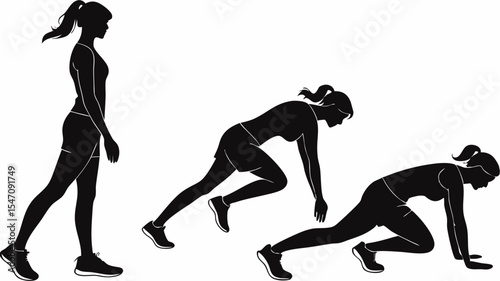 High contrast black silhouettes of a male sprinter mid-stride with transparent or isolated white backgrounds

