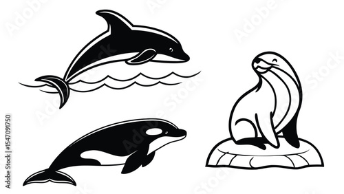 Black and white illustration of a dolphin orca and seal animal collection representing sea life