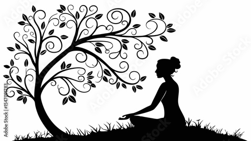 High contrast black silhouettes of a woman in lotus pose with transparent or isolated white backgrounds

