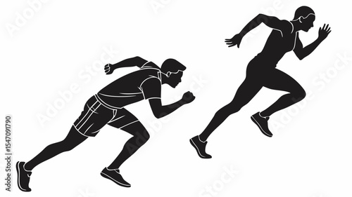 High contrast black silhouettes of two athletes in a competitive race with transparent or isolated white backgrounds


